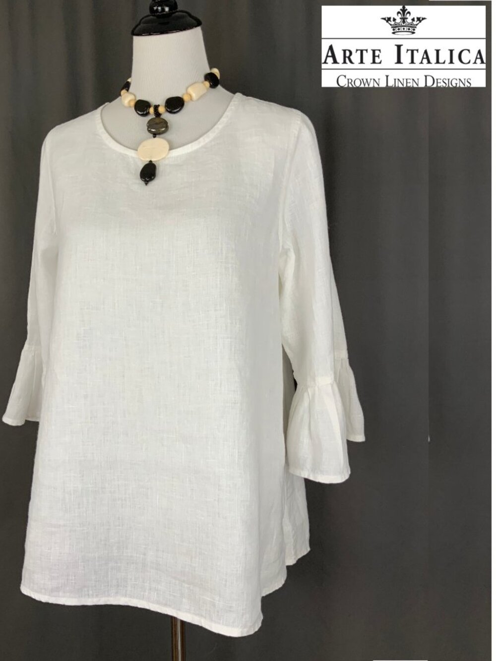Bella Bell Sleeve White 100% Linen Top by Crown Linen Designs Sz M-L - Picture 2 of 16